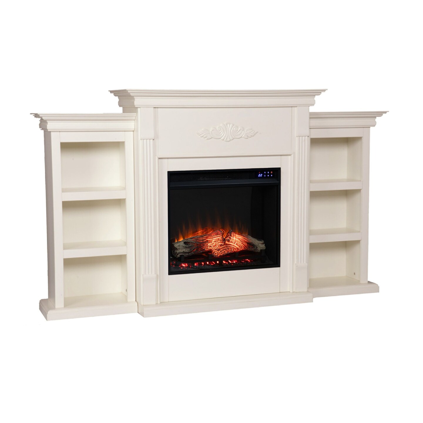 Southern Enterprises 70.25&#x22; White and Black Classic Style Floral Electric Fireplace with Bookcase