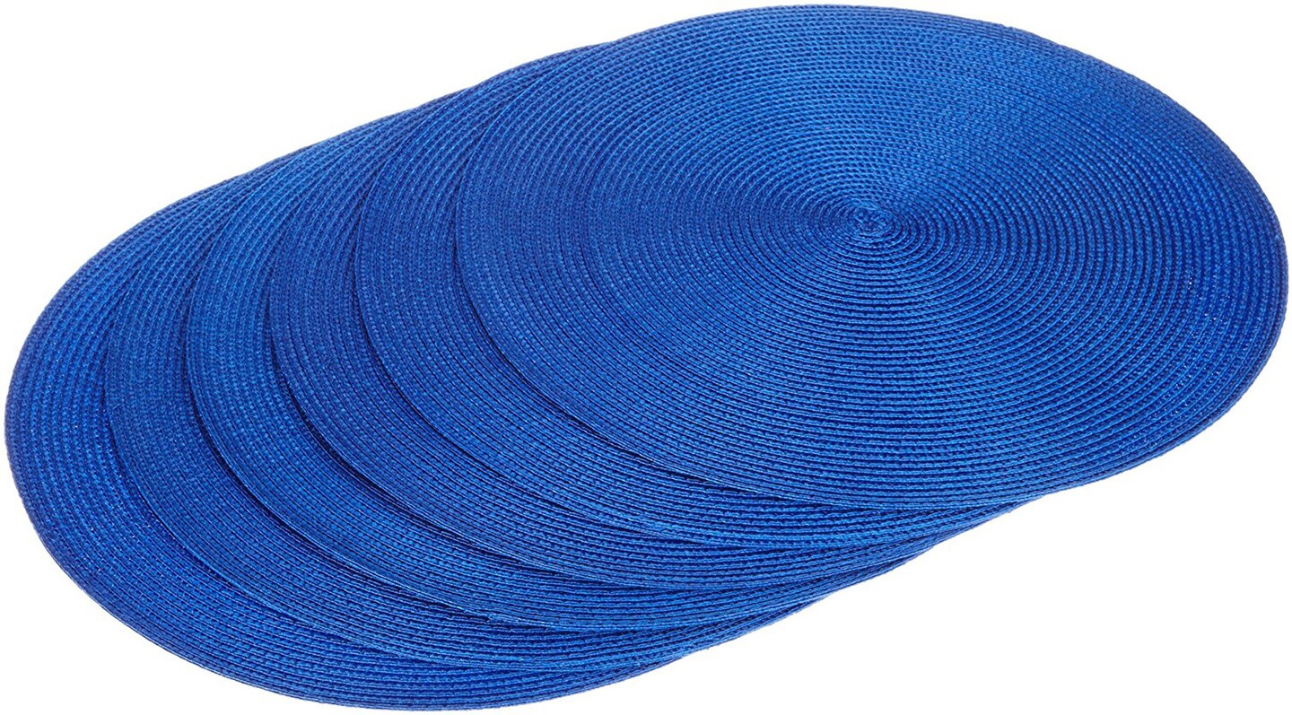CC Home Furnishings Solid Braided Woven Round Placemats - 15" - Nautical Blue - Set of 6