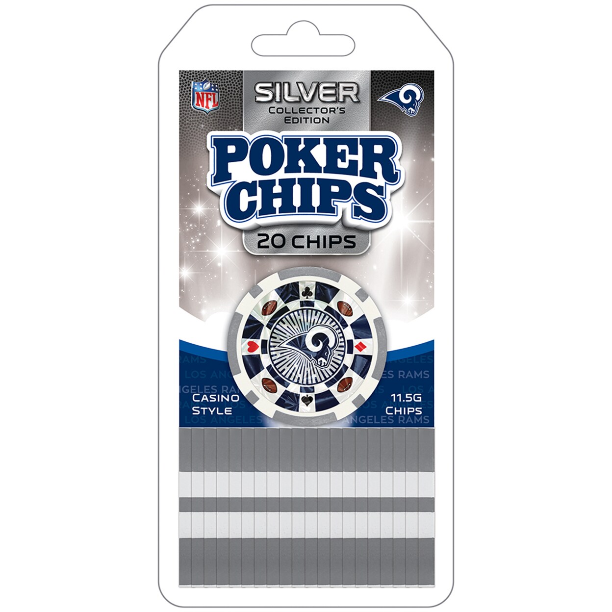 Masterpieces   Casino Style 20 Piece 11.5 Gram Poker Chip Set NFL Los Angeles Rams Silver Edition