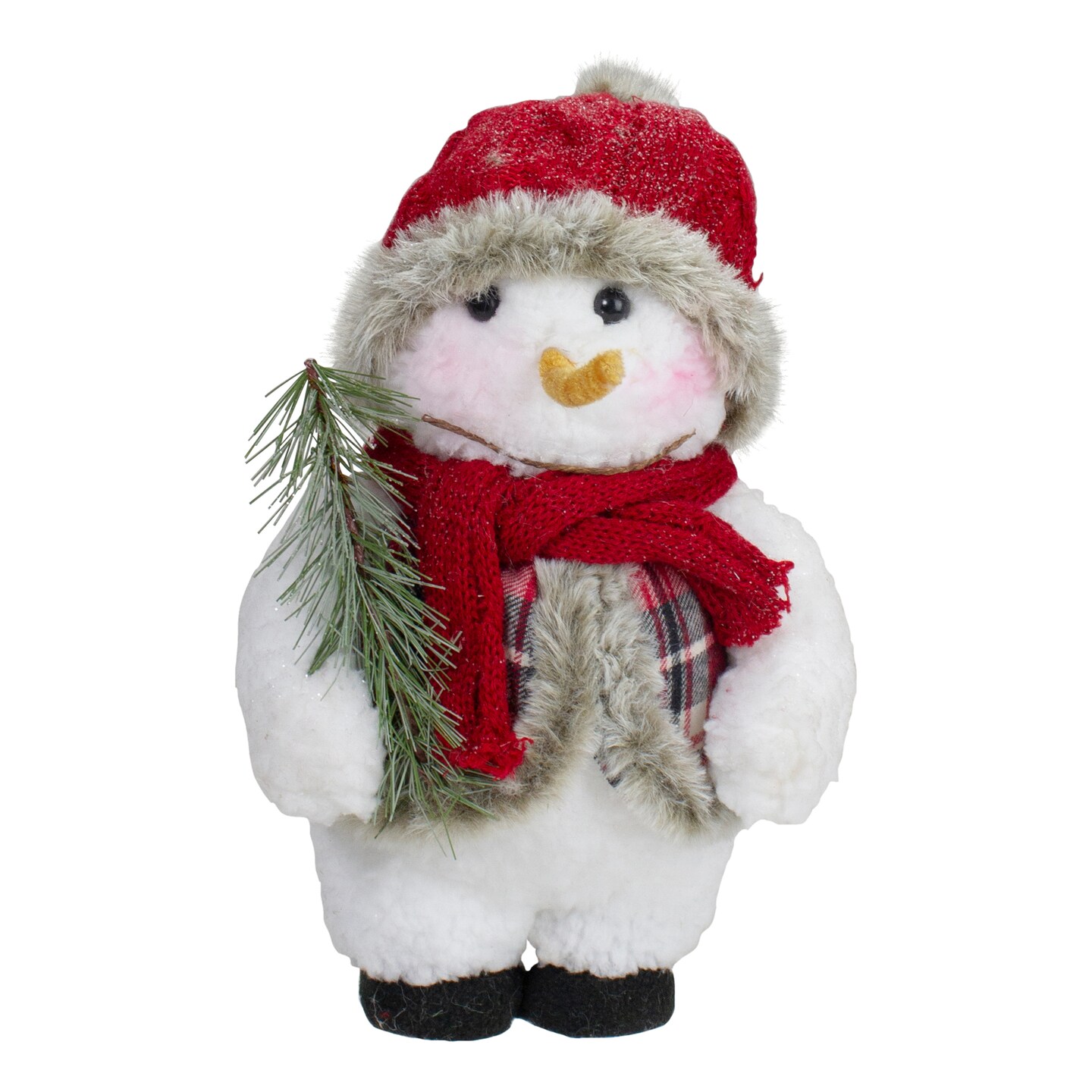 Northlight Plush Snowman with Pine Sprig Wearing Plaid Vest Christmas Figure - 10&#x22;