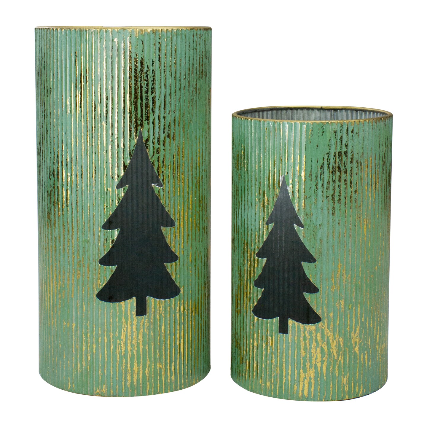Northlight Set of 2 Rustic Green and Gold Christmas Tree Tabletop Lanterns 12&#x22;