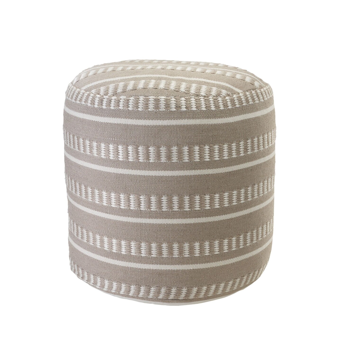 Laddha Home Designs 20&#x22; Taupe and White Striped Round Outdoor Patio Pouf Ottoman