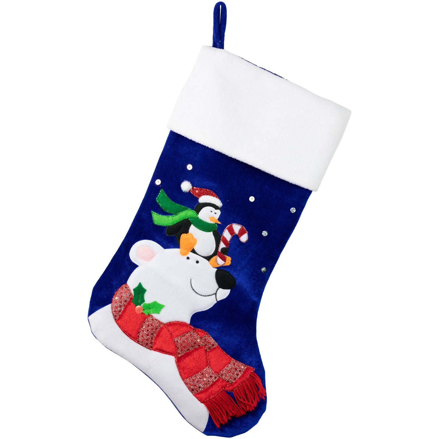 Northlight 24&#x22; Large Penguin and Bear Blue Velveteen Christmas Stocking with White Cuff