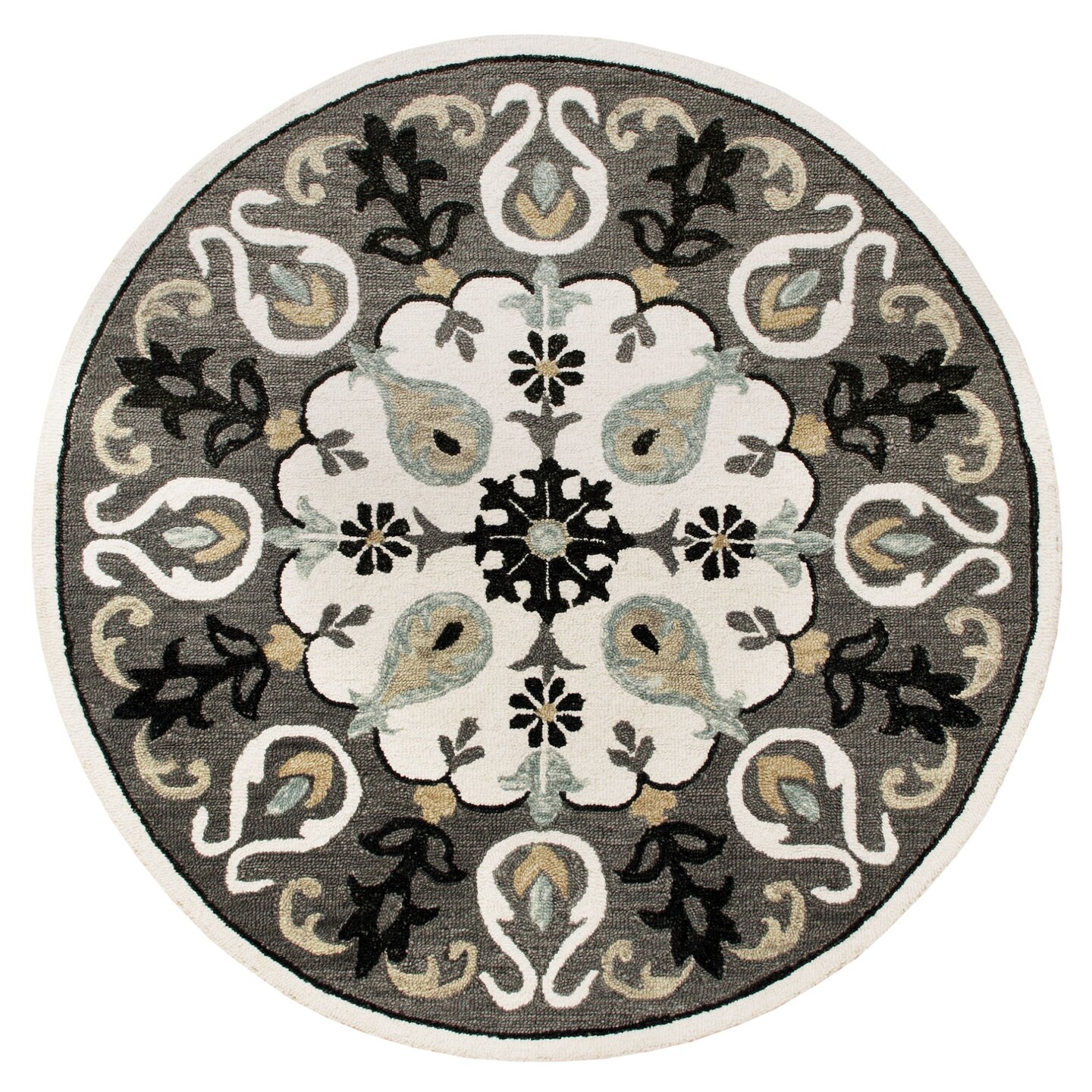 Laddha Home Designs 5&#x27; Gray and White Medallion Round Area Throw Rug