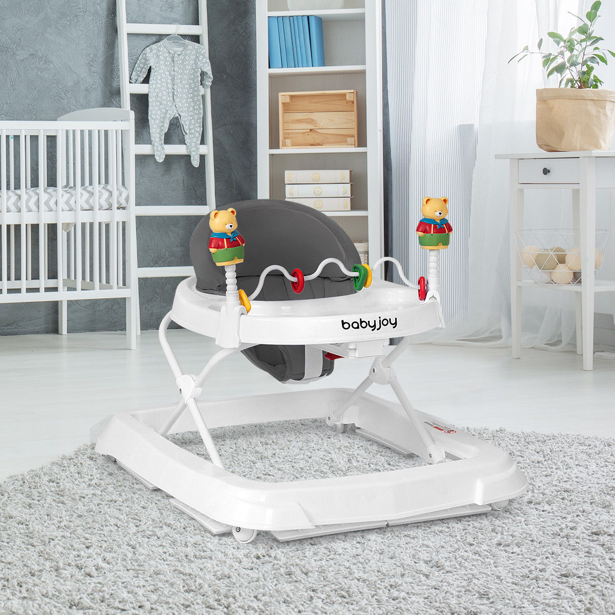 Baby Walker Adjustable Height Removable Toy Wheels Folding Portable Grey