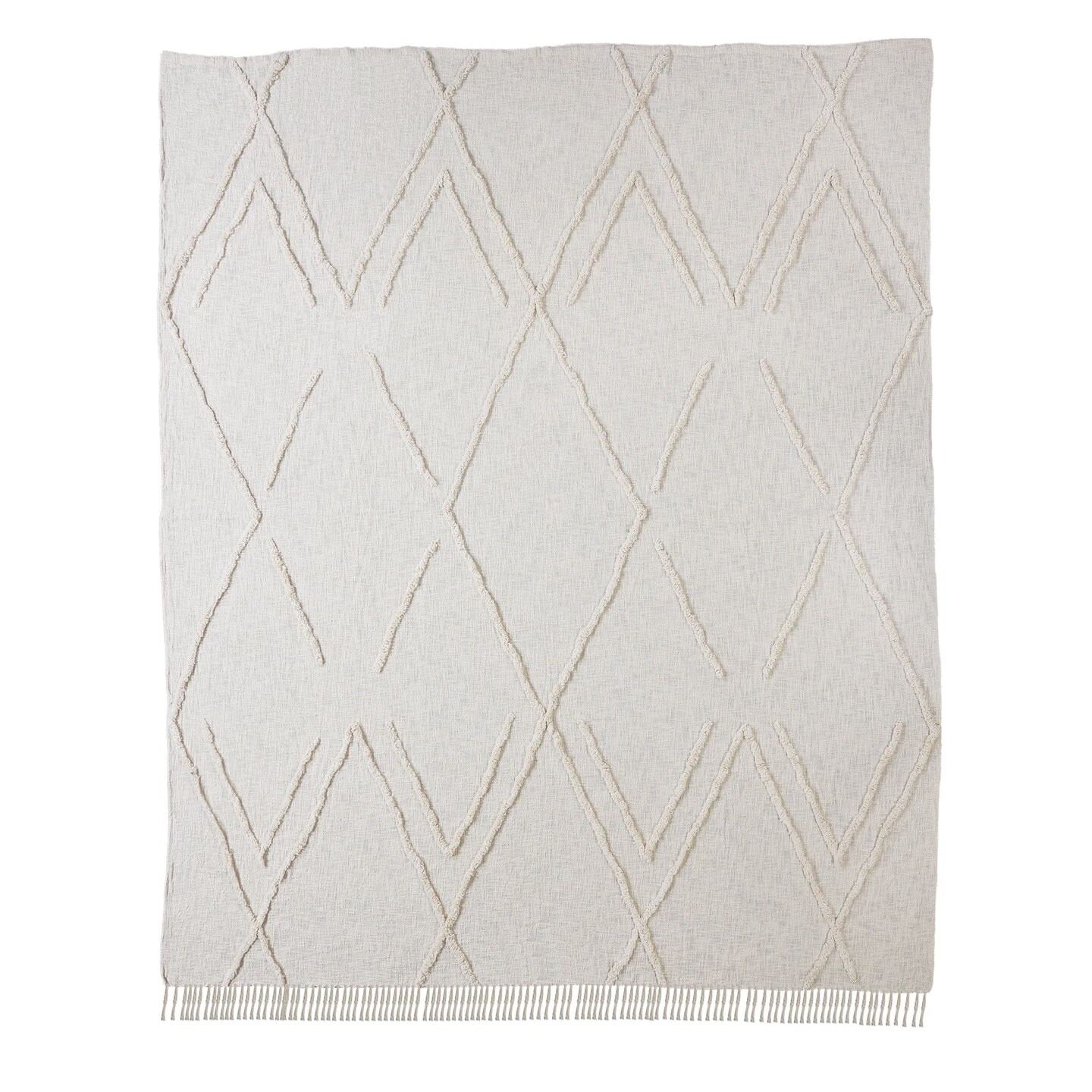Laddha Home Designs 90&#x22; Cream Geometric Diamond Coverlet with Fringe - Queen Size