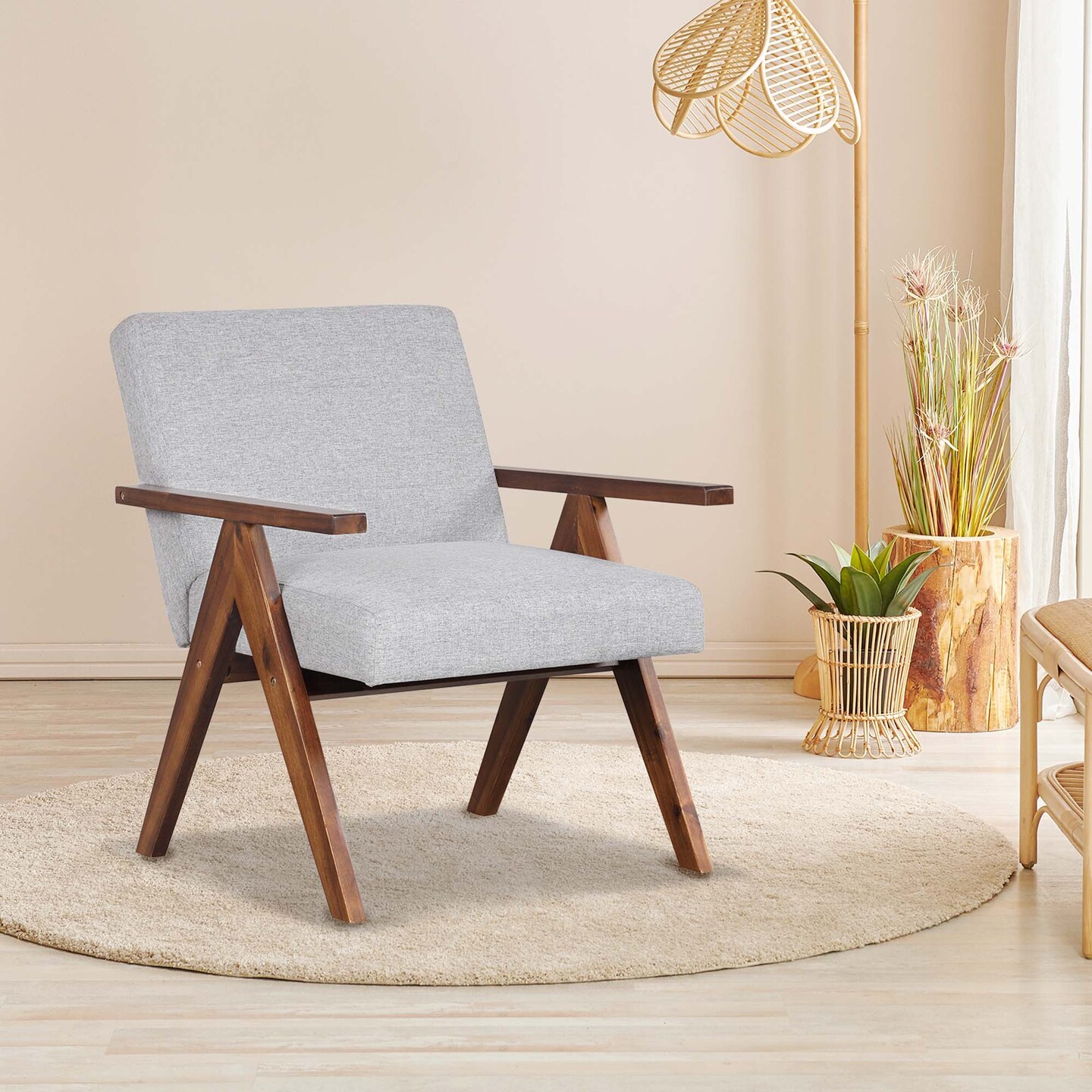 Costway 1 PCS Modern Accent Chair Linen Fabric Armchair with Solid Acacia Wood Frame Beige/Grey