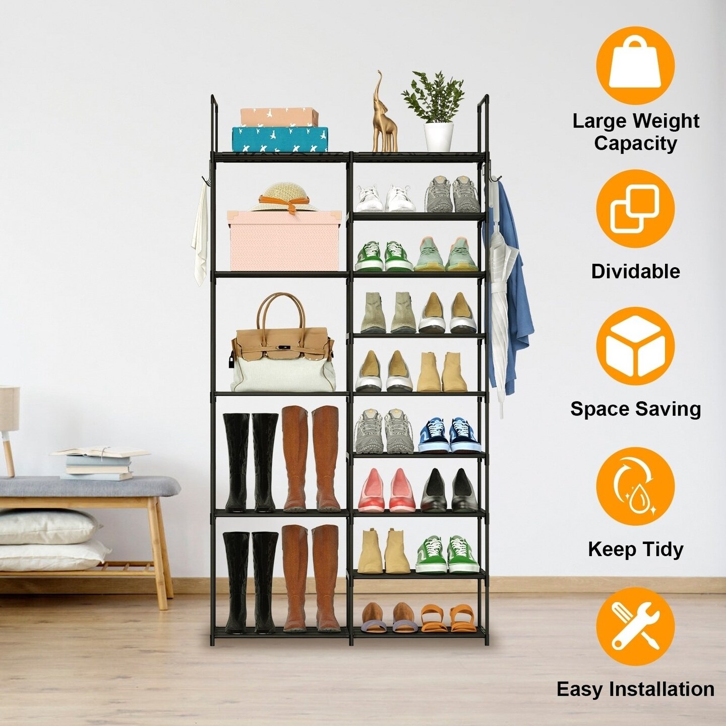Newhome Metal 5 Tier Shoe Rack Black Large Storage Organizer 28 Pairs Free Standing