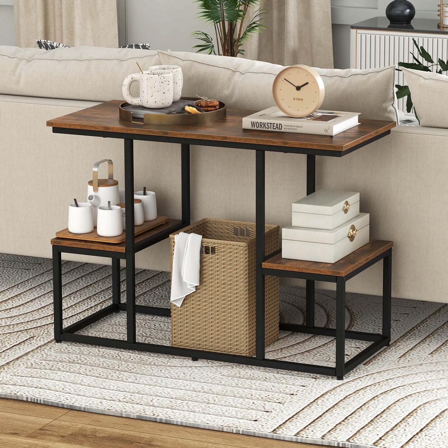 Costway Rustic TV Console Table for 50&#x22; TVs Industrial Sofa Table with Open Storage Shelves Rustic Brown