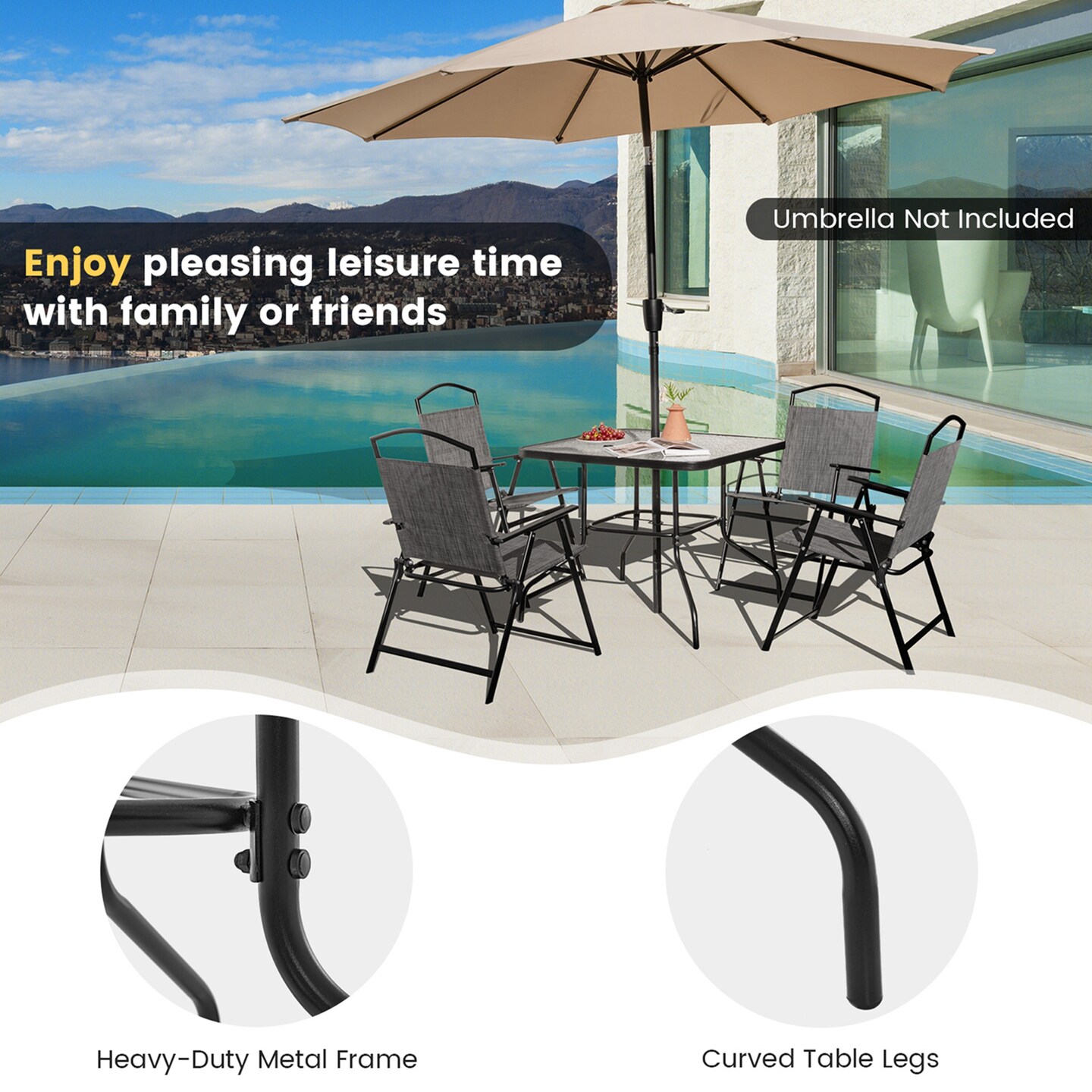 Costway 34 Inch Outdoor Dining Table Square Tempered Glass Table with 1.5&#x22; Umbrella Hole
