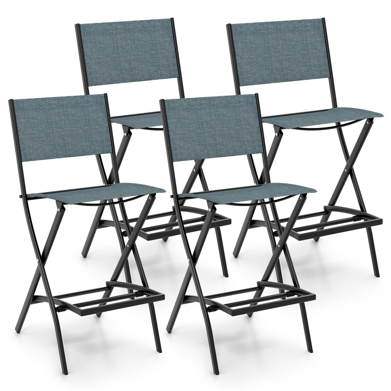 Gymax Folding Bar Stools Set of 4 Patio Sling Chairs w/ Backrest Humanized Footrest Blue