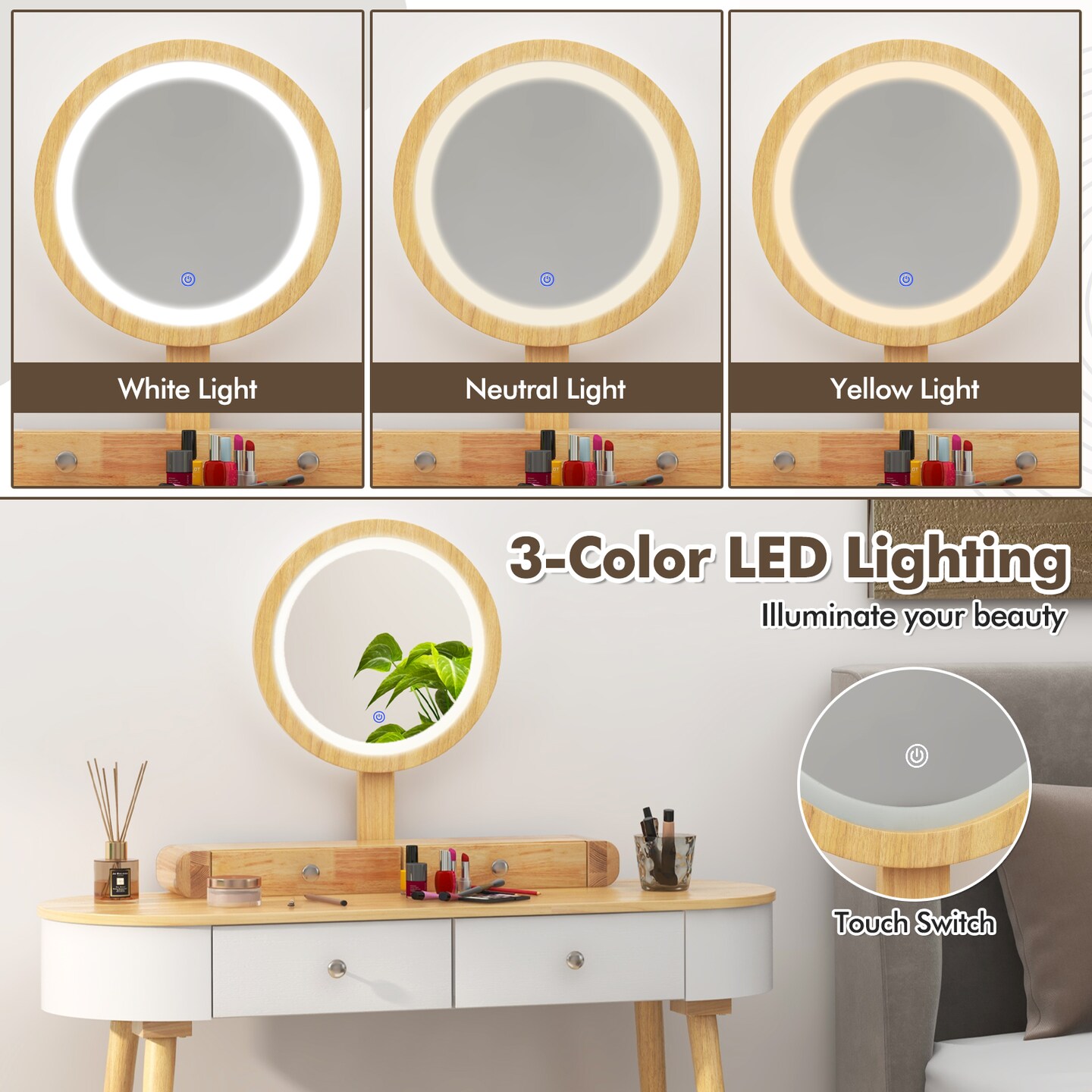 Costway Solid Wood Makeup Vanity Desk Set with LED Lighted Mirror Drawers Cushioned Stool White + Brown/Black + Brown/White + Black/White + Natural