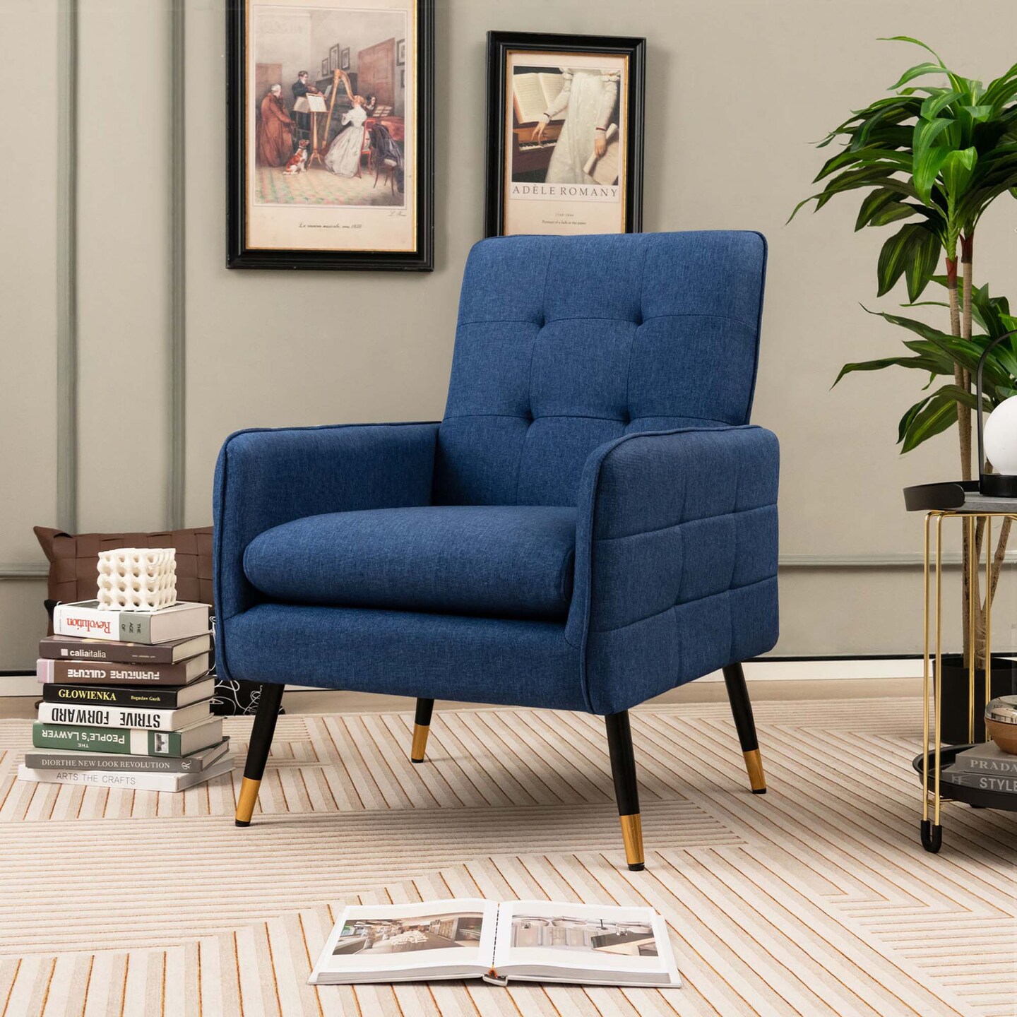 Costway Linen Fabric Accent Chair Modern Single Sofa Chair with Solid Metal Legs Blue/Grey/White