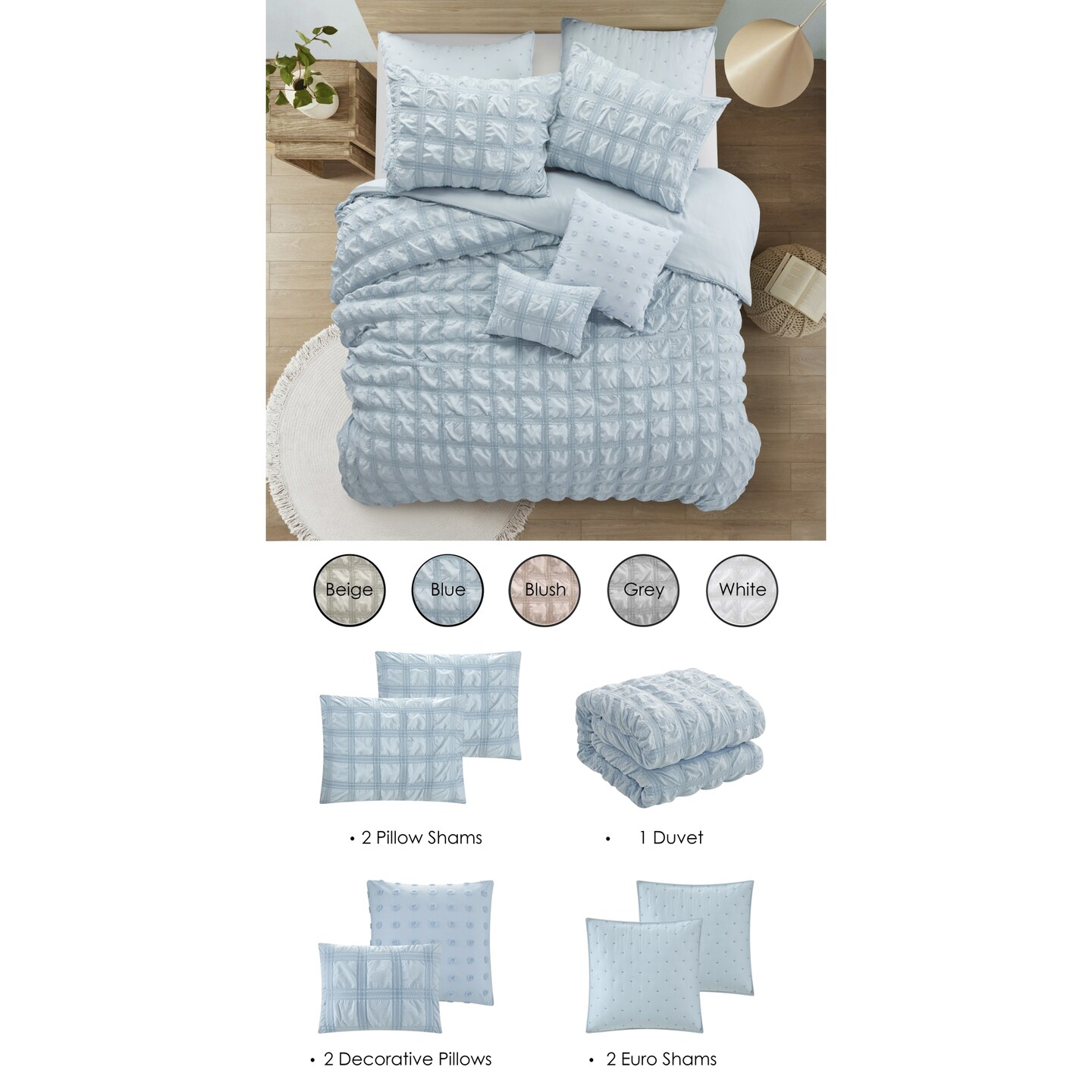 Emsley Duvet Set With Pillow Sham, Euro Sham, Decorative Pillows and Duvet Cover