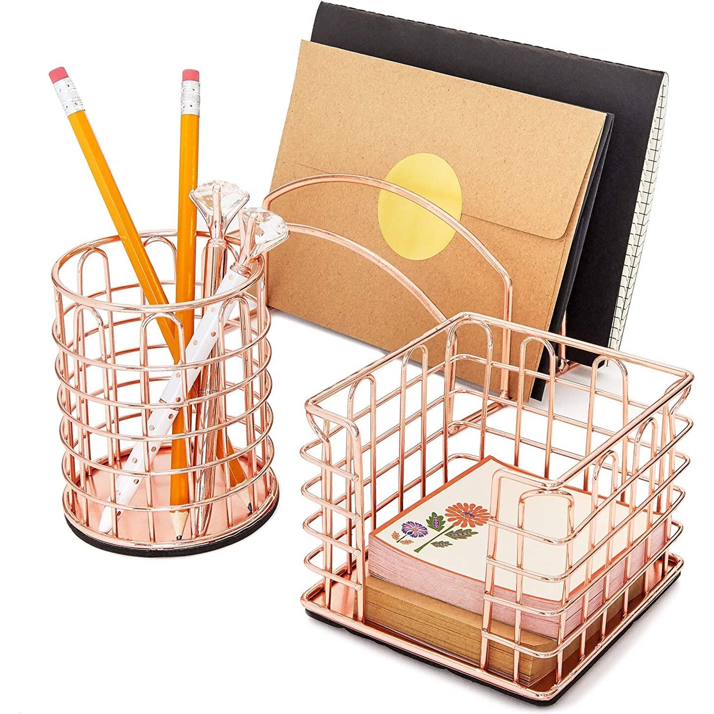 3-Pc Set Rose Gold Office Supplies Desk Organizer Sticky Note Pen Letter Holder