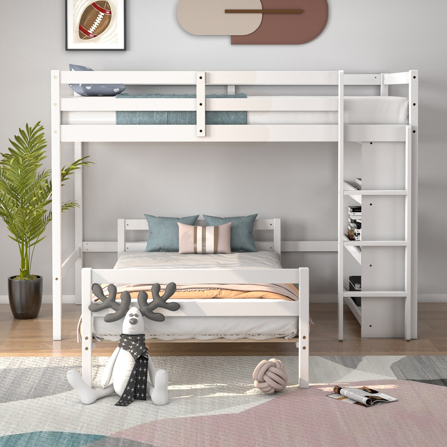 Costway Twin Over Twin Loft Bunk Bed Wood w/Bookcase Guardrail Ladder Kids Bedroom