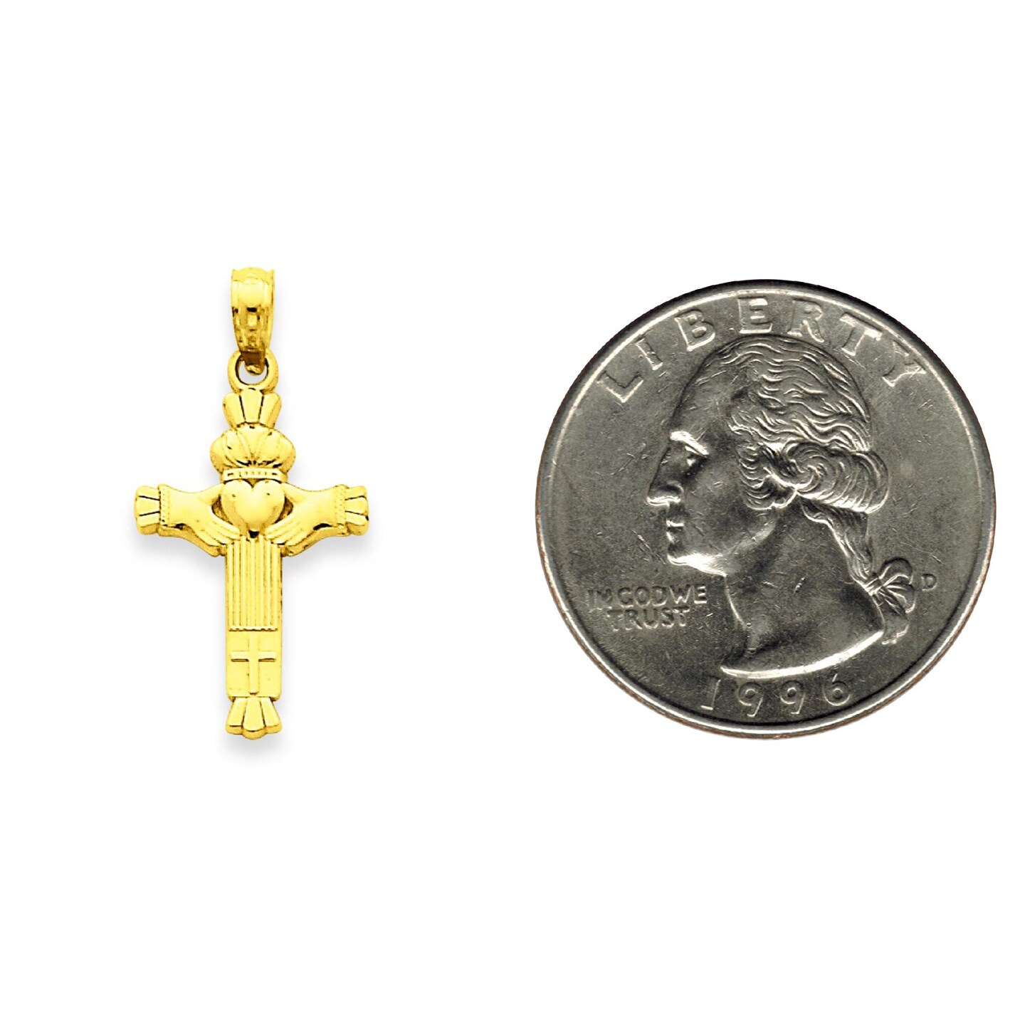 14K Yellow Gold Claddagh Cross Pendant Jewelry New 25.8 X 13.3mm 