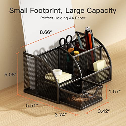 Pipishell Mesh Desk Organizer Multifunctional Desktop Office Supplies Holder  with 6 Compartments and 1 Drawer for Home School Classroom