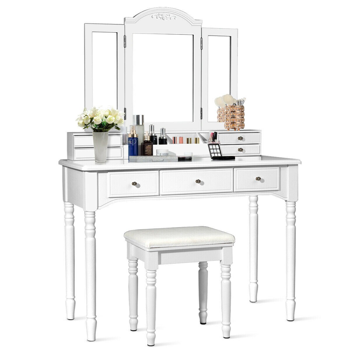 7 Drawers Vanity Set Dressing Table W/ Tri-Folding Mirror White