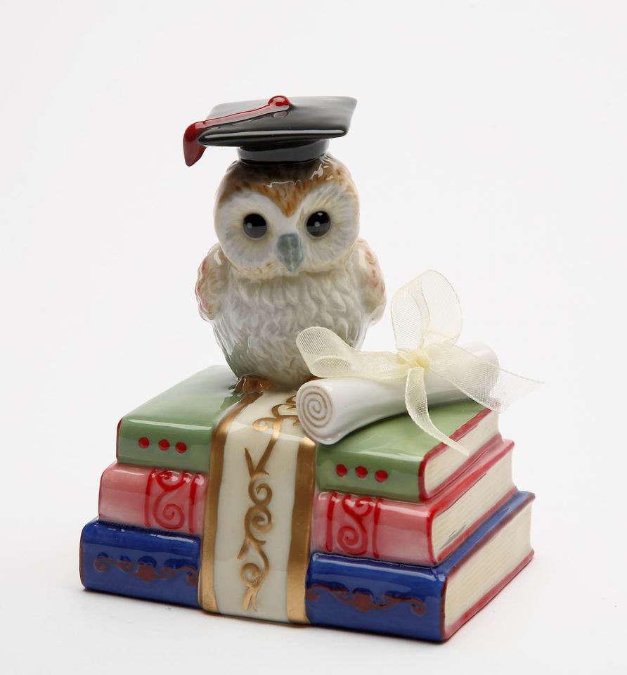 Ceramic Graduating Owl Music Box Playing &#x22;Over the Rainbow&#x22;, Home D&#xE9;cor, Graduation Gift, Gift for Son, Gift for Daughter