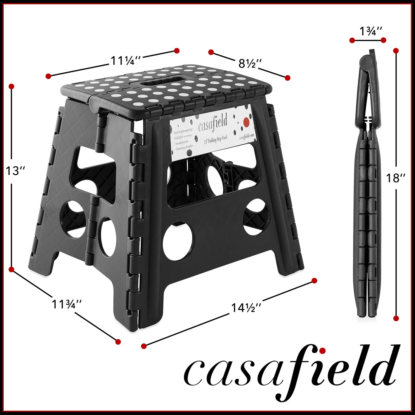 Casafield 13" Folding Step Stool with Handle, Black - Portable Collapsible Small Plastic Foot Stool for Adults - Use in the Kitchen, Bathroom and Bedroom