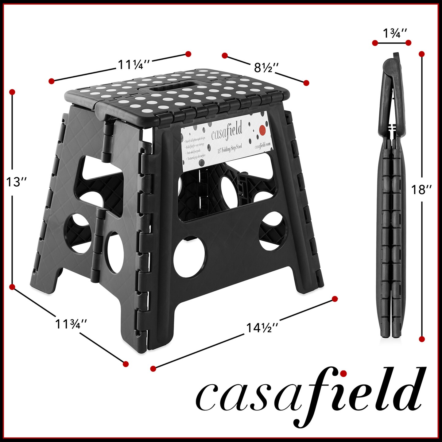 Casafield 13&#x22; Folding Step Stool with Handle, Black - Portable Collapsible Small Plastic Foot Stool for Adults - Use in the Kitchen, Bathroom and Bedroom