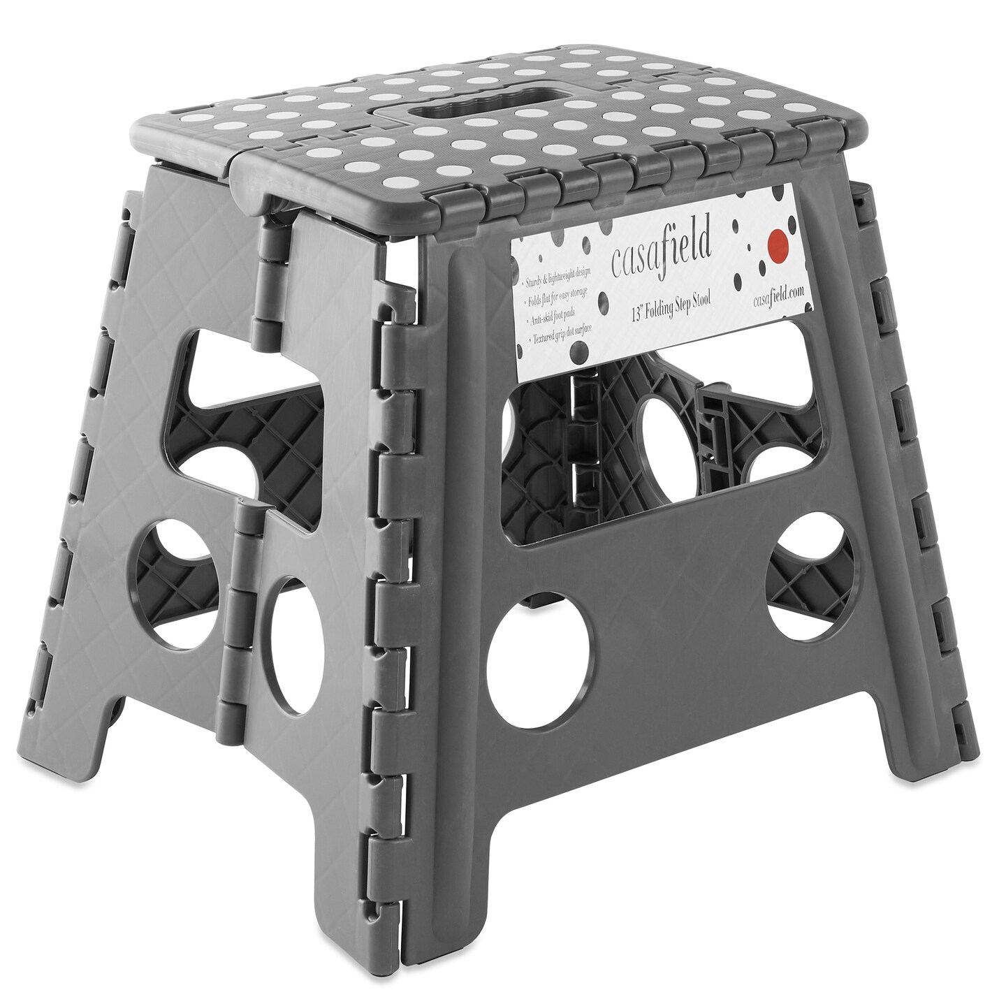 Casafield 13&#x22; Folding Step Stool with Handle, Gray - Portable Collapsible Small Plastic Foot Stool for Adults - Use in the Kitchen, Bathroom and Bedroom