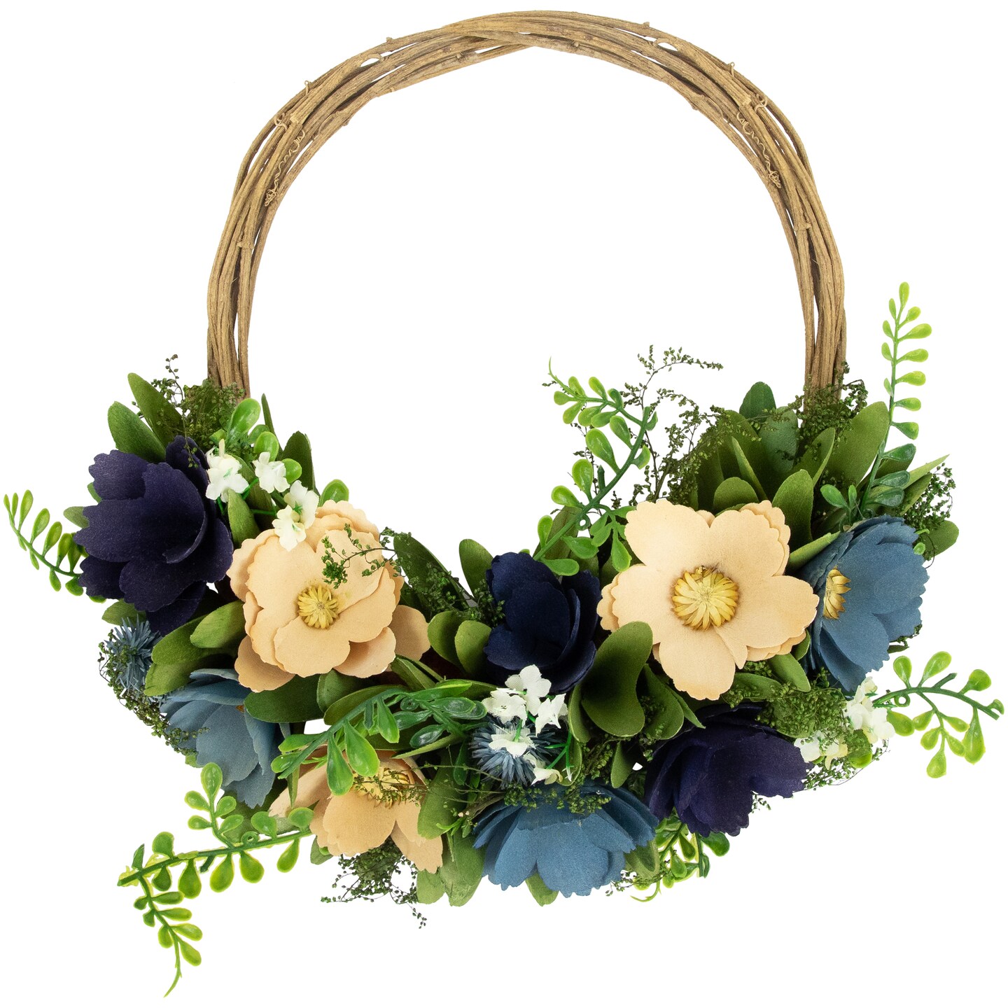 Northlight 12&#x22; Blue and Tan Poppy Floral Wooden Spring Basket Wreath