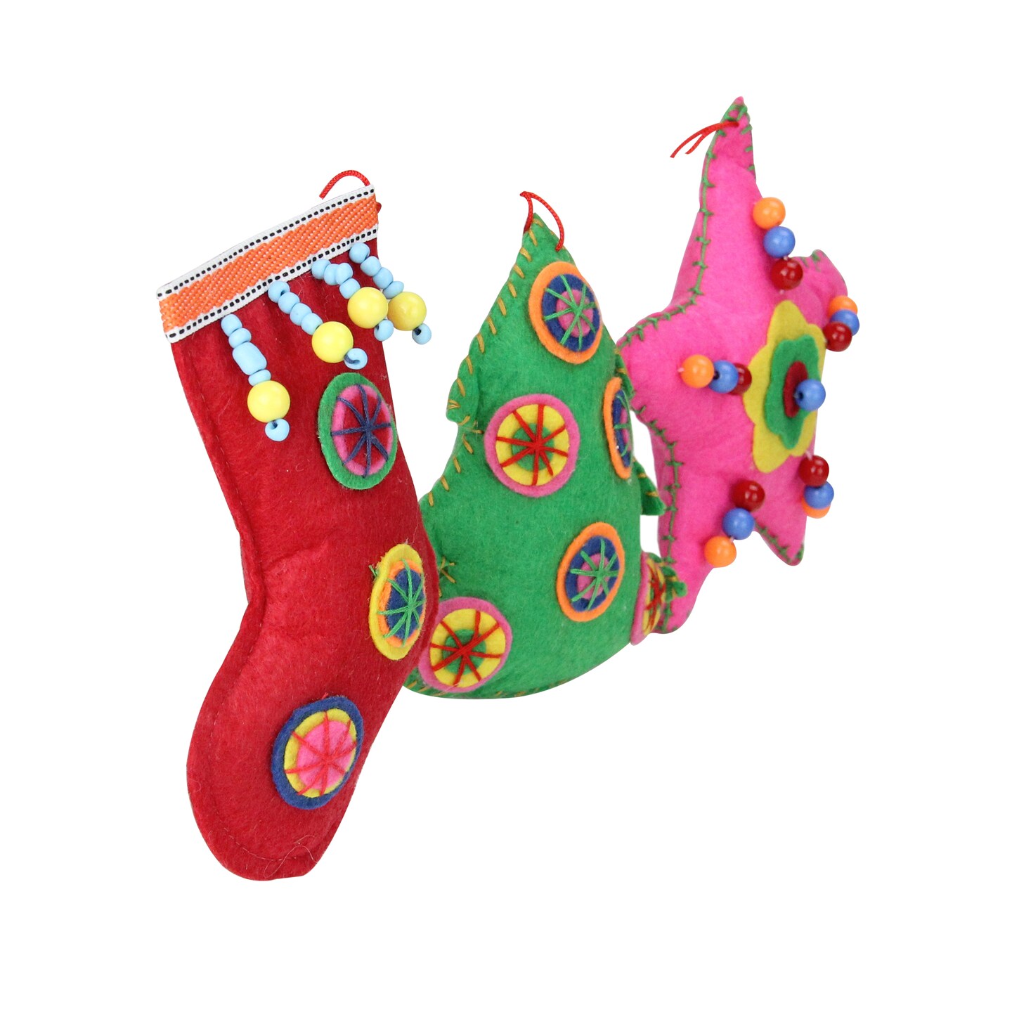 Raz Set of 3 Vibrantly Colored Bohemian Plush Star, Tree, and Stocking Christmas Ornaments 5&#x22;