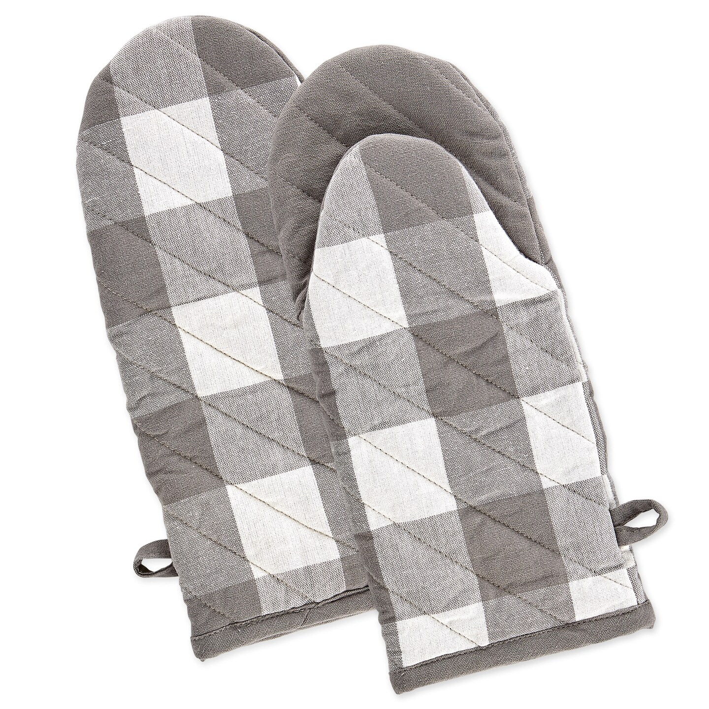 Contemporary Home Living Buffalo Check Quilted Kitchen Oven Mitts - 13" - Gray and White - Set of 2