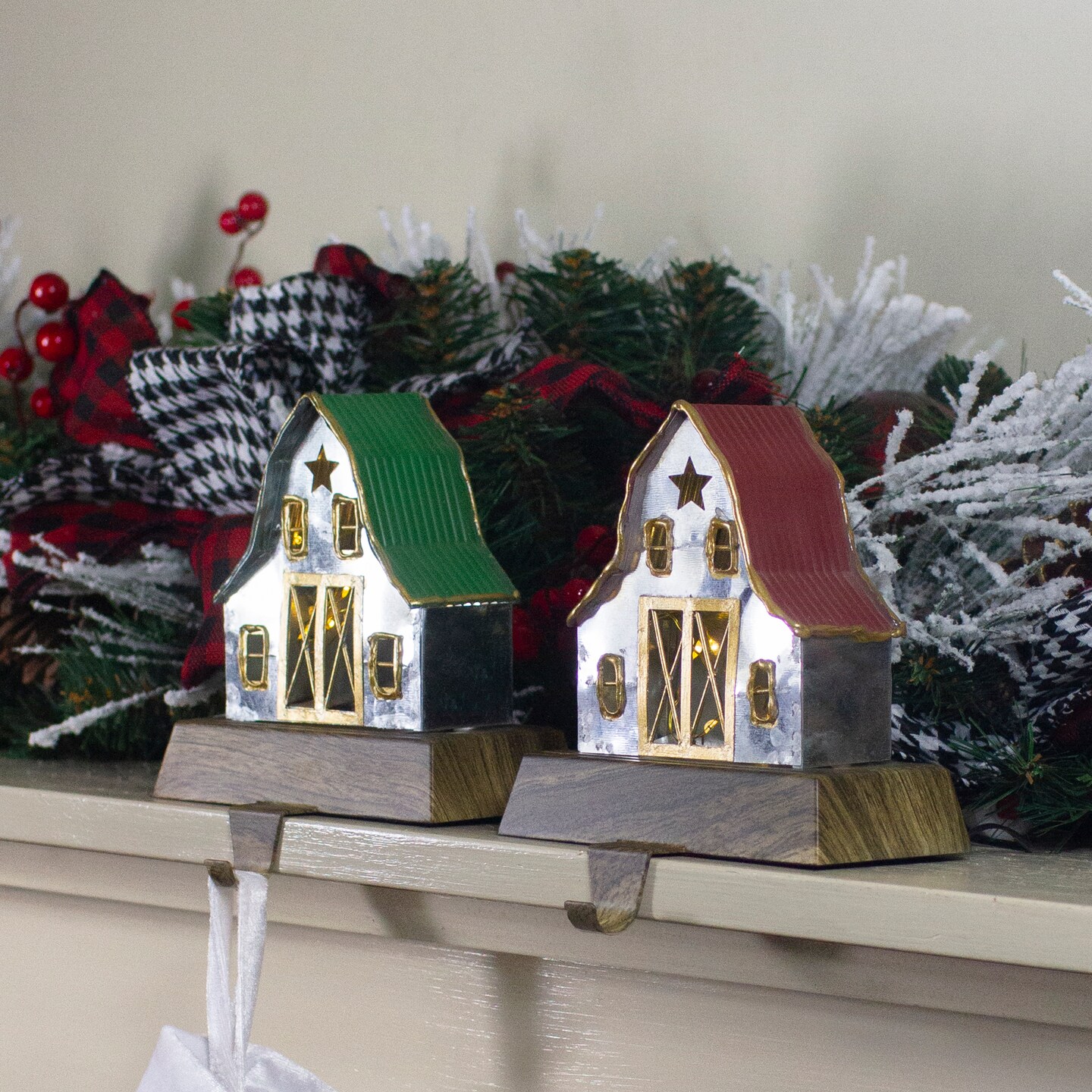 Northlight Set of 2 LED Lighted Galvanized Barn Christmas Stocking Holders 5.5&#x22;