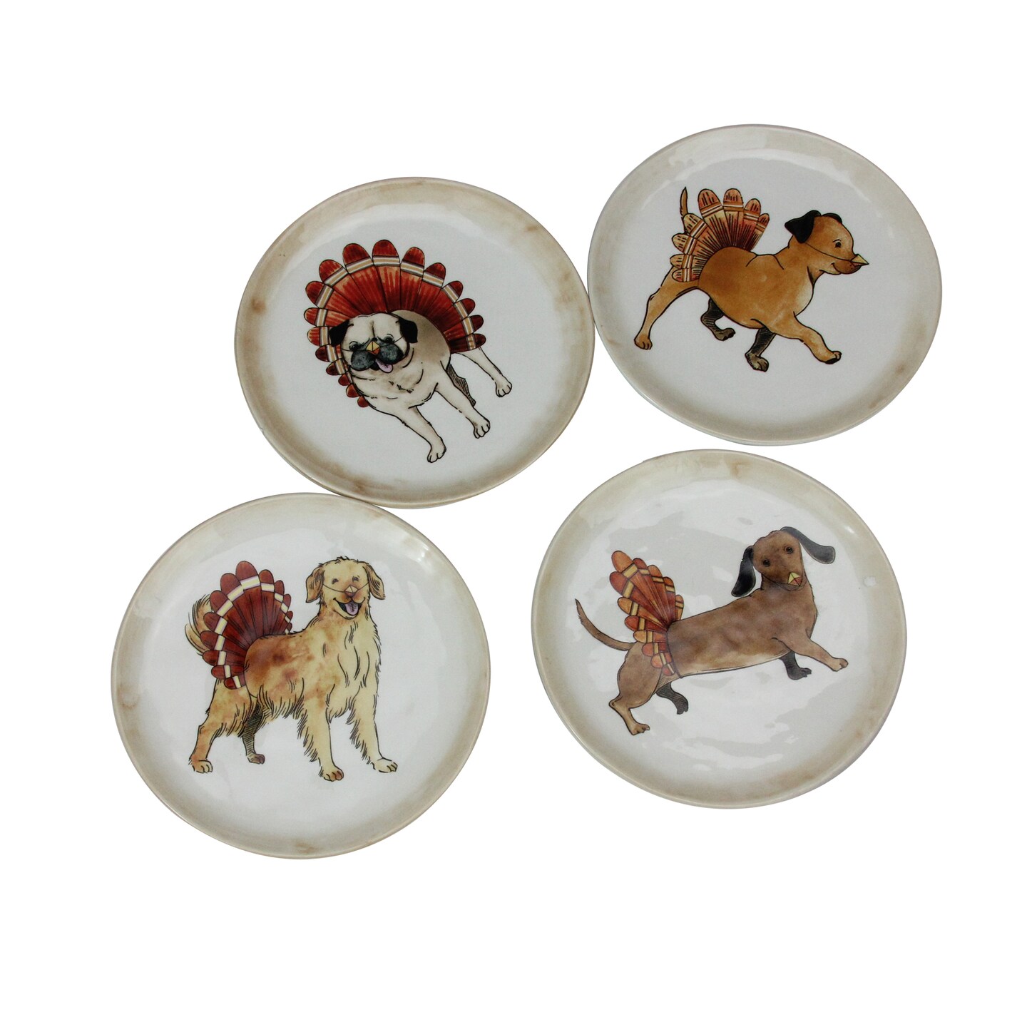 Roman Set of 4 Ivory Autumn Thanksgiving Puppy Dog Snack Plates 5&#x22;