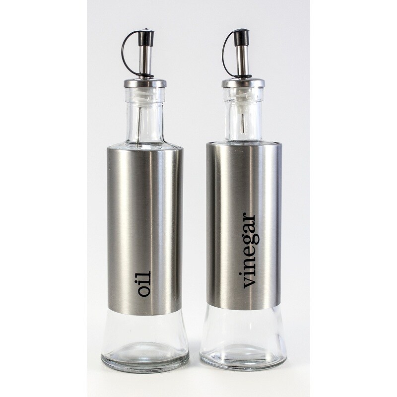 GC Home &#x26; Garden Set of 2 Oil and Vinegar Glass and Stainless Steel Cruets 9.75&#x22;