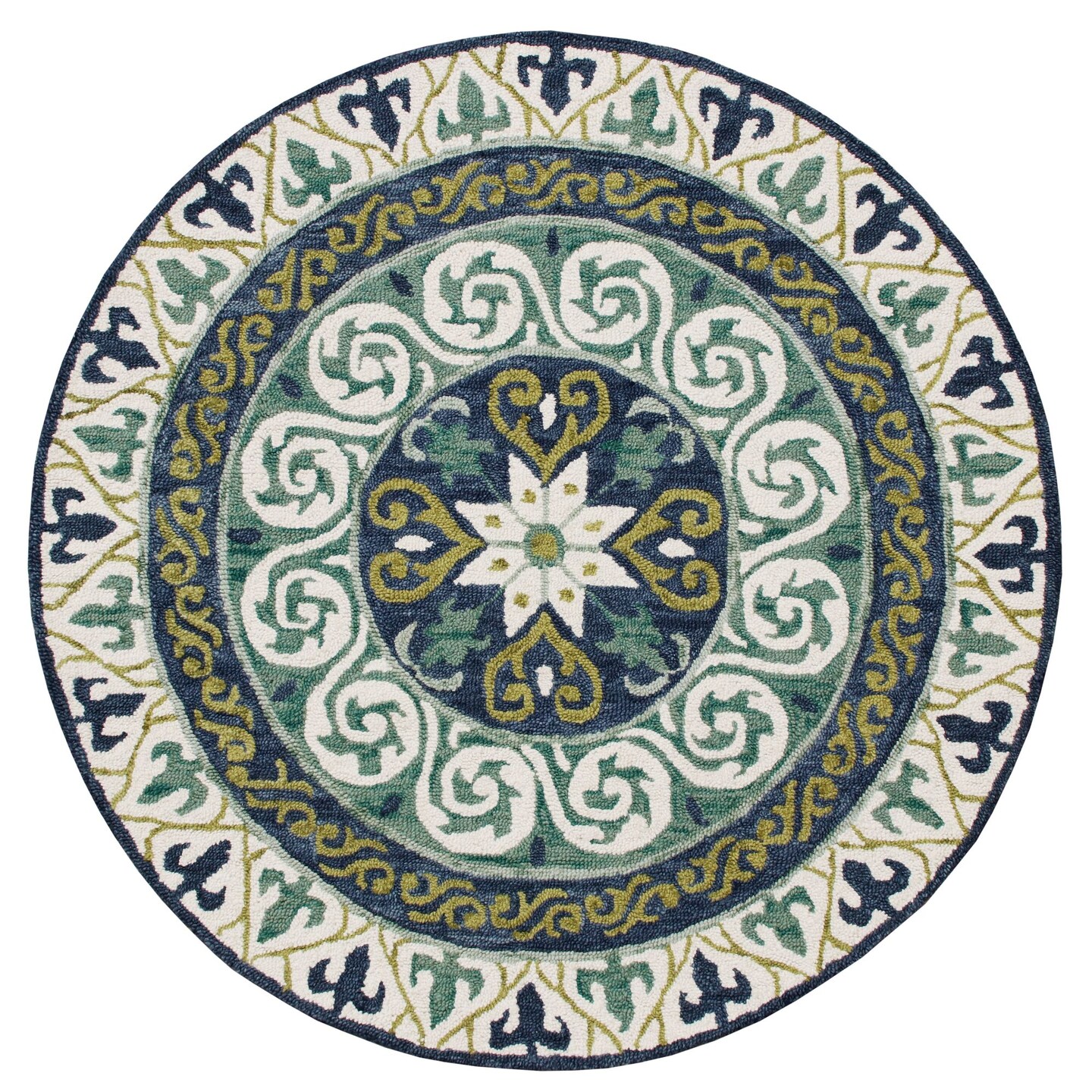 Laddha Home Designs 7' Blue and Green Geometric Medallion Hand Hooked Round  Area Throw Rug
