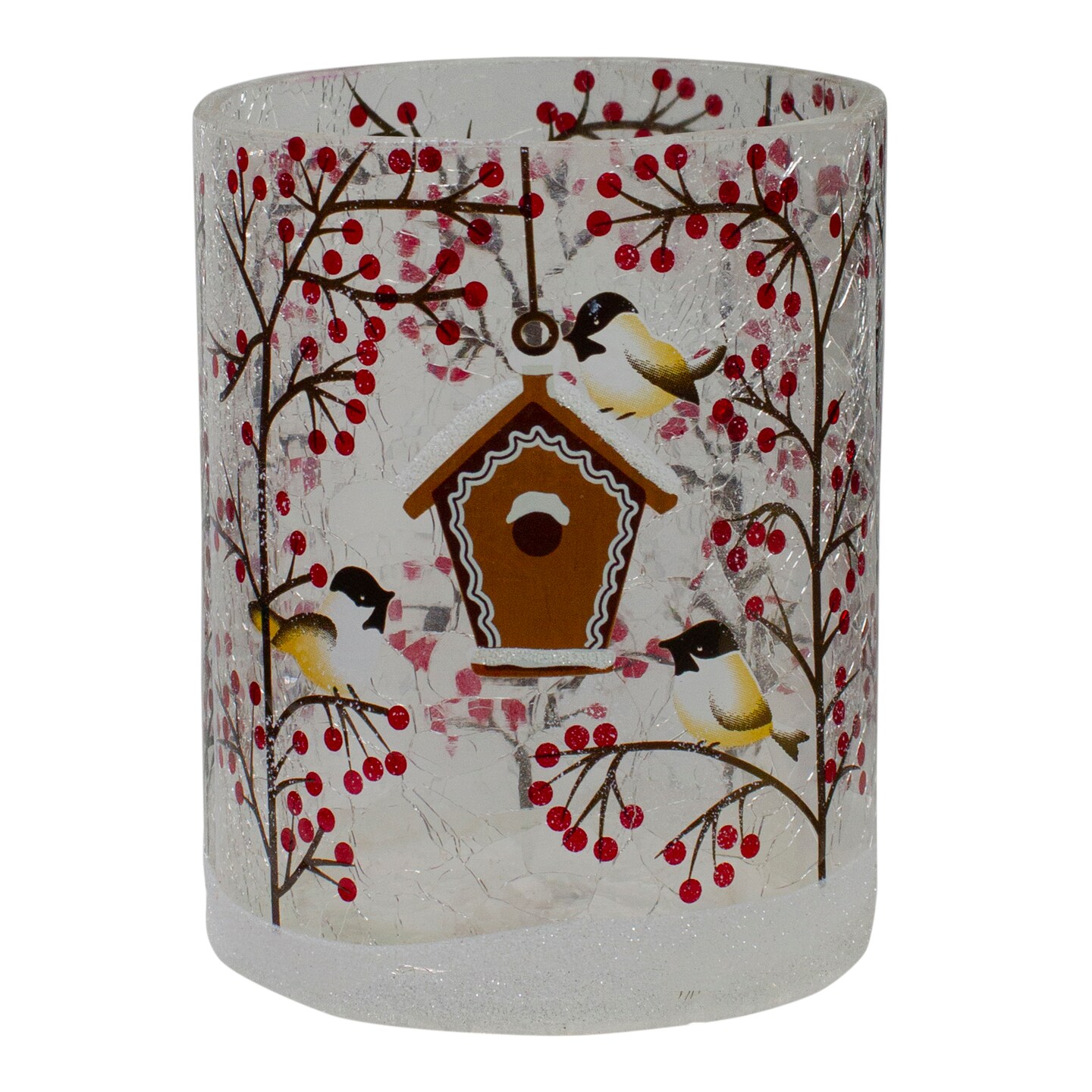 Northlight 5&#x22; Hand Painted Sparrows and Berries Flameless Glass Christmas Candle Holder