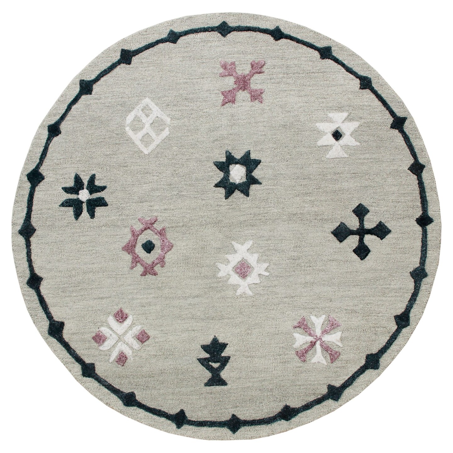 Laddha Home Designs 7' Gray and Pink Geometric Hand Hooked Round Wool Area Throw Rug