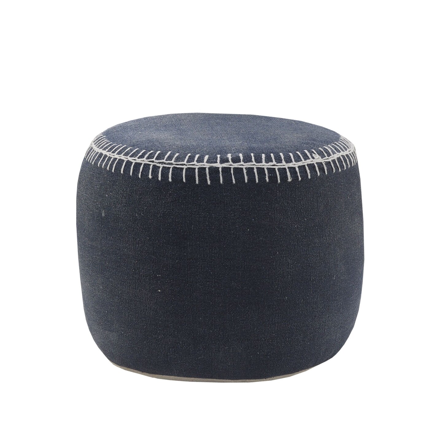 Laddha Home Designs 18&#x22; Navy Blue and White Embroidered Border Handcrafted Round Pouf Ottoman