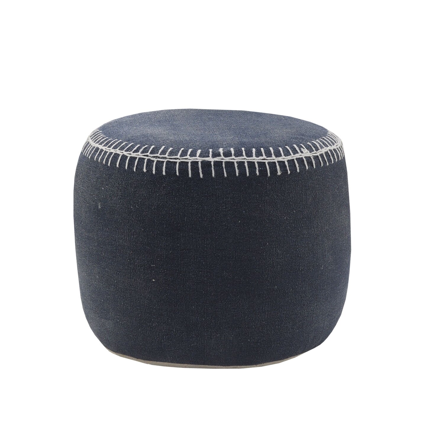 Laddha Home Designs 18" Navy Blue and White Embroidered Border Handcrafted Round Pouf Ottoman