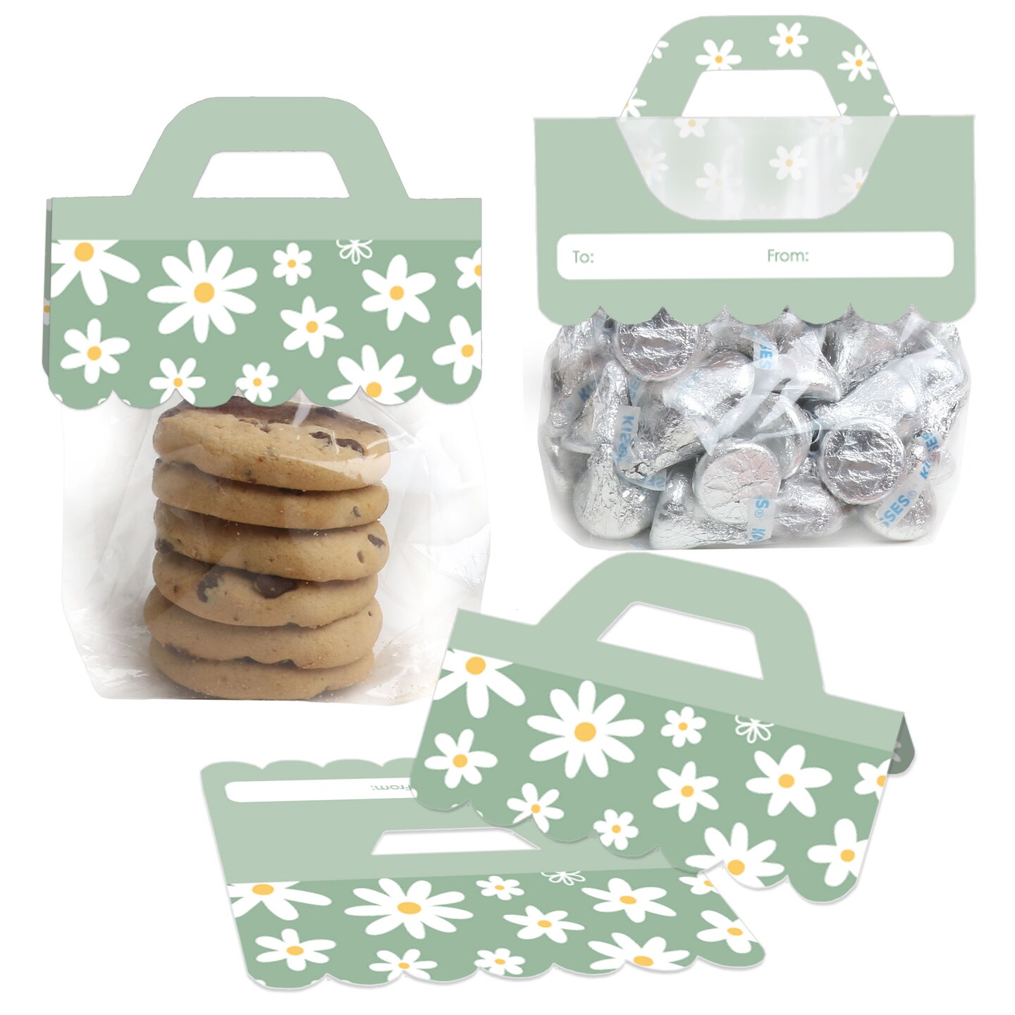 Big Dot of Happiness Sage Green Daisy Flowers - DIY Floral Party Clear Goodie Favor Bag Labels - Candy Bags with Toppers - Set of 24