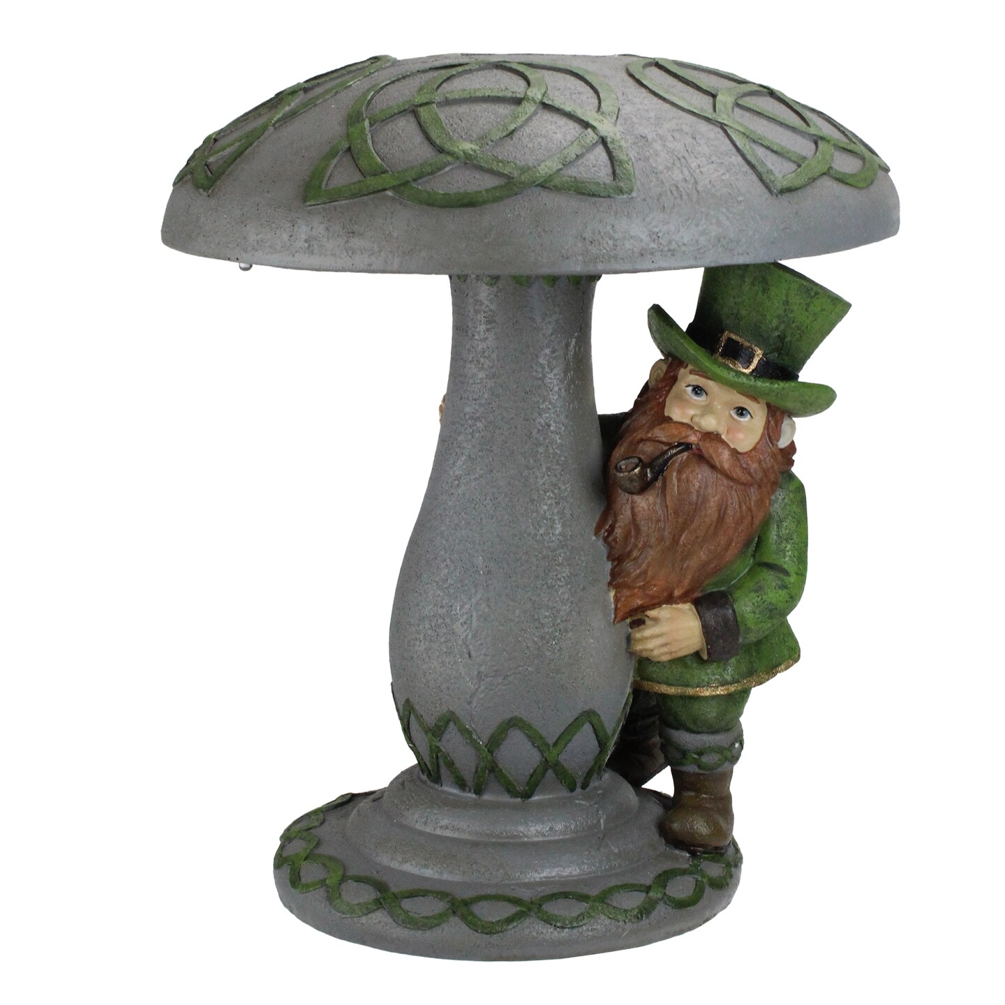 Roman 12.25&#x22; Gray and Green LED Solar Leprechaun Standing Under Mushroom Statue