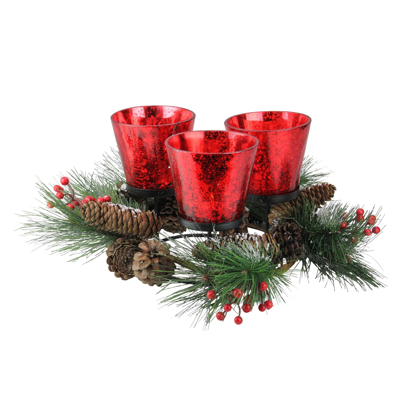 CC Christmas Decor 8&#x22; Red Triple Speckled Glass Candle Holder Wreath with Pinecones