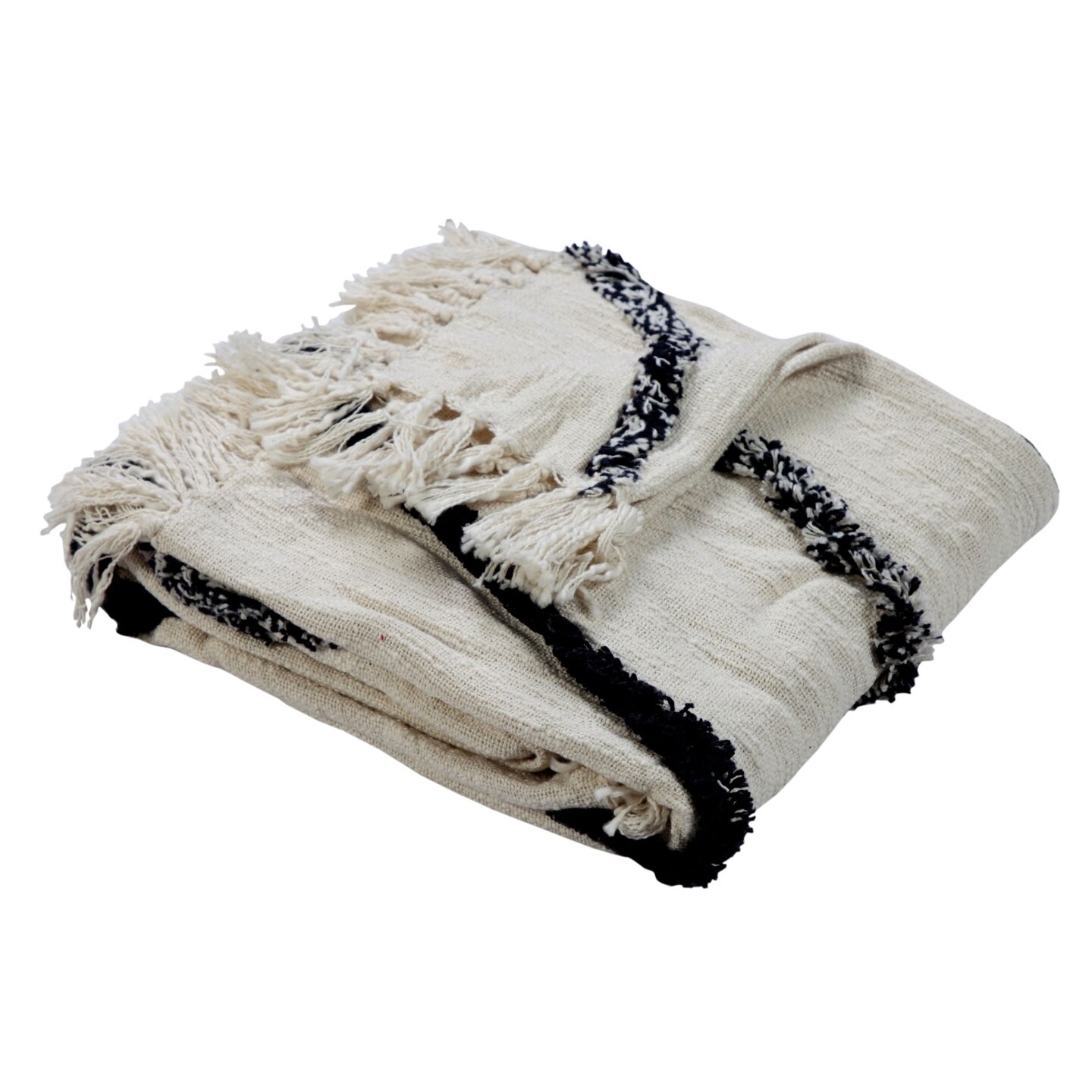 Laddha Home Designs Cornered Linework Handmade Throw Blanket - 50&#x22; x 60&#x22; - Cream and Navy Blue