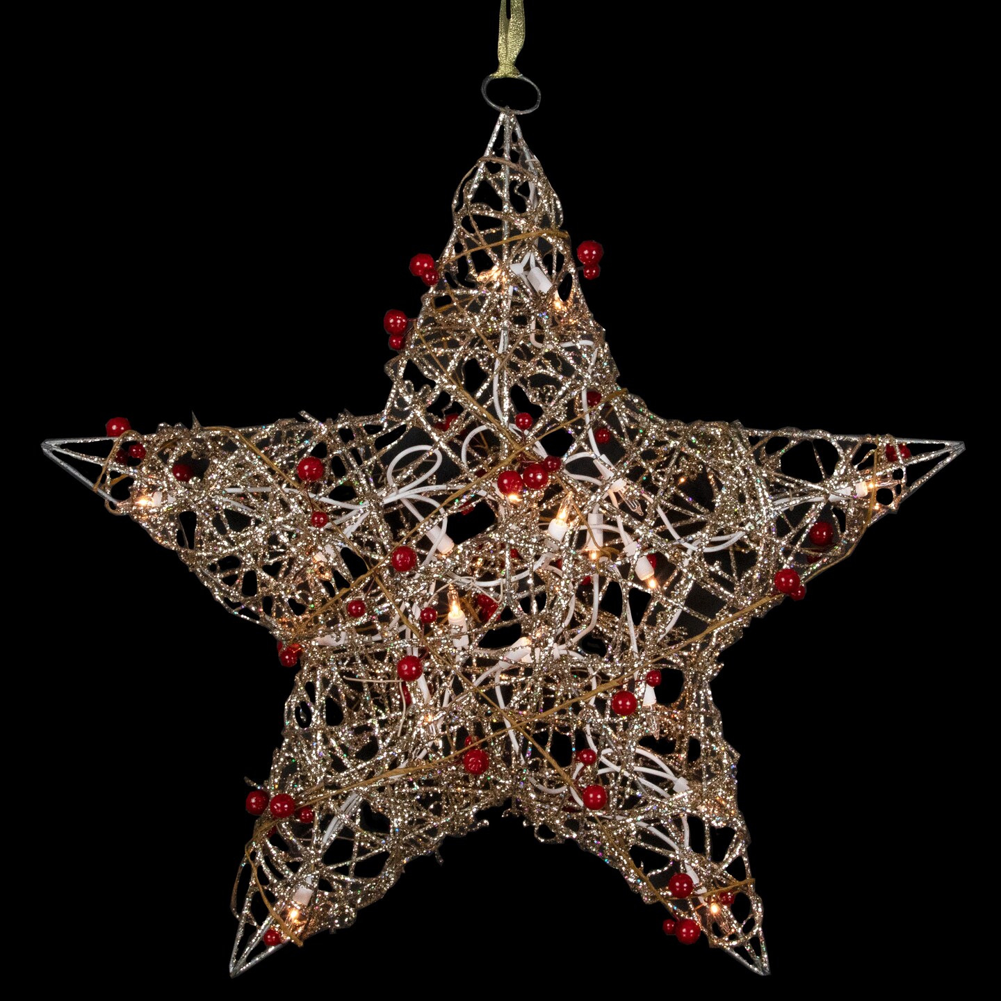Northlight 18&#x22; Lighted Champagne Gold Glittered Rattan Berry Hanging Star Christmas Window Decoration