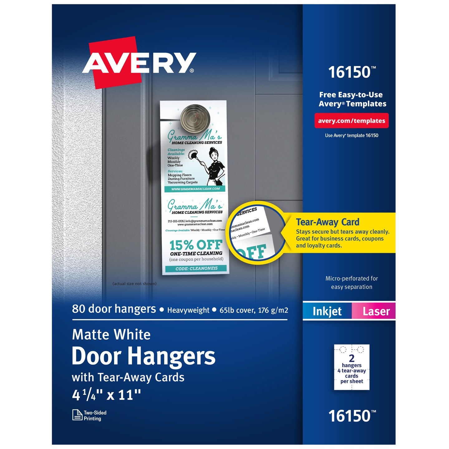 Avery Printable Door Hangers with Tear-Away Cards, 4.25&#x22; x 11&#x22;, Matte White, 80 Blank Door Hangers for Laser and Inkjet Printers (16150)