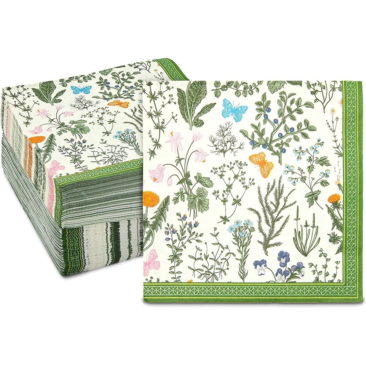 Floral Paper Napkins for Garden Party, Green Botanical Herb (6.5 In, 150 Pack)