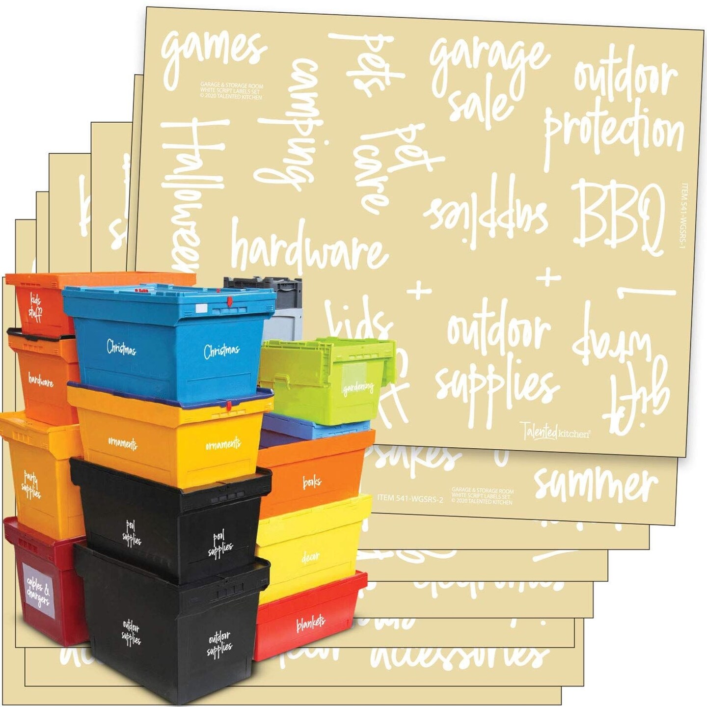 Talented Kitchen 136 Storage Room &#x26; Garage Organization Labels for Plastic Containers, Preprinted White Script on Clear Stickers for Organizing Bins and Boxes (Water Resistant)