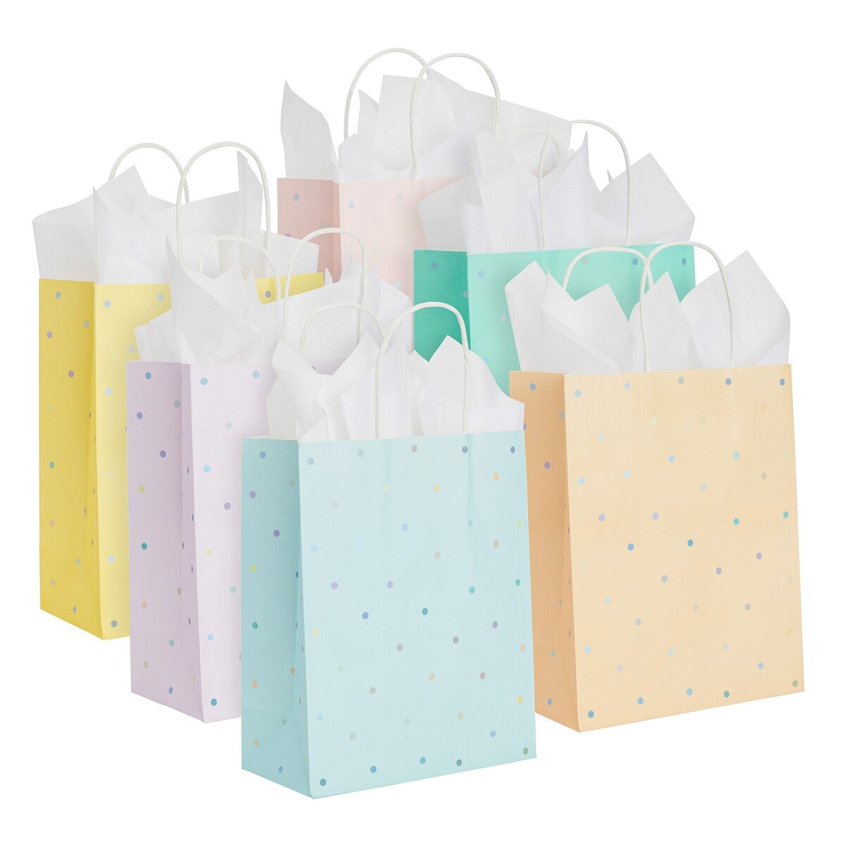 36 Pack Medium Polka Dot Paper Gift Bags with Handles and White Tissue Paper, 6 Pastel Rainbow Colors (10 x 8 x 4 In)