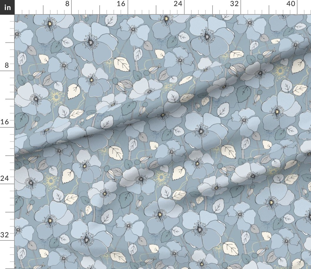 Various Fabrics by the Yard or Fat Quarter Botanical Floral Large Scale Nature Blue Grey Illustrative Custom Printed Fabric by Spoonflower
