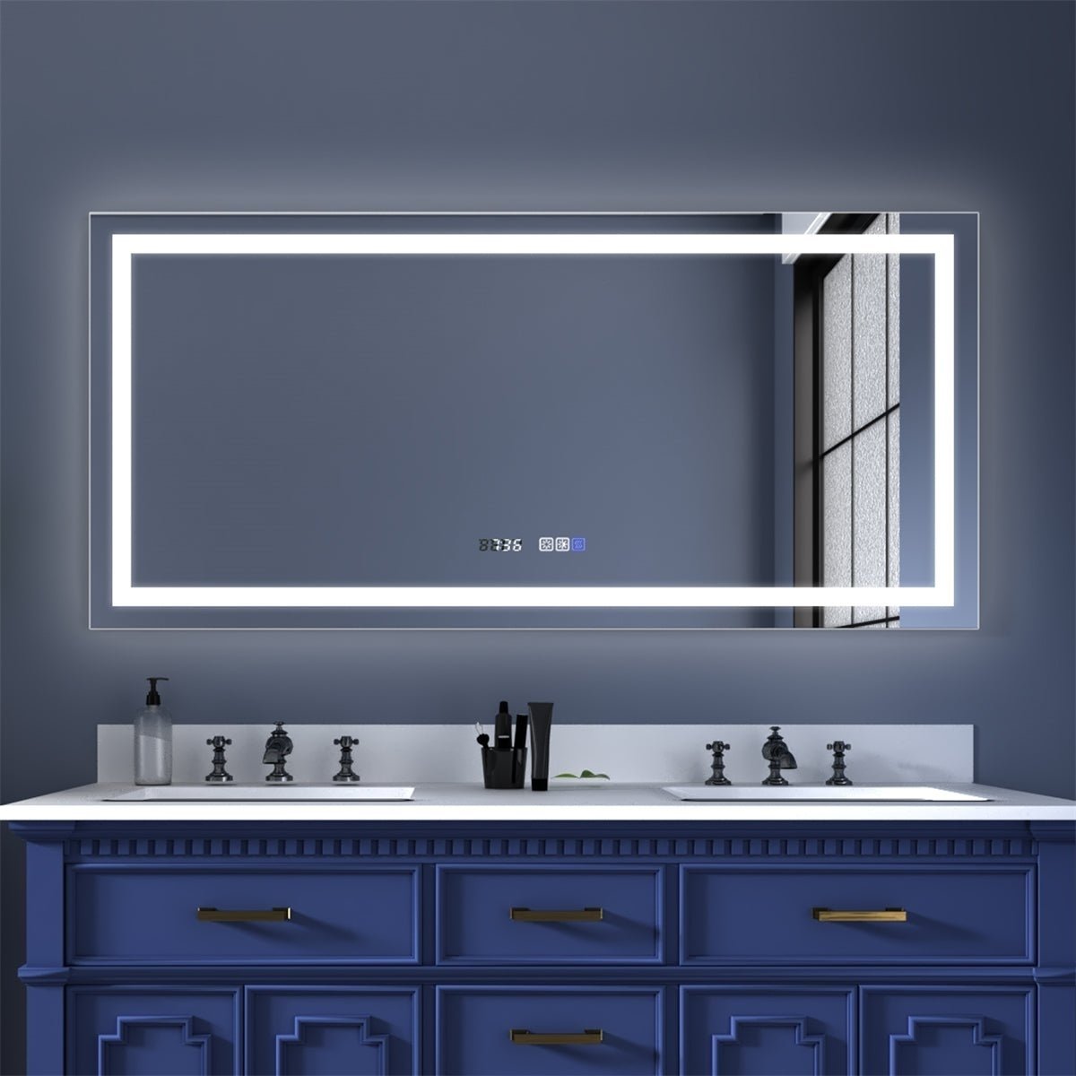 Exbrite 60X28 Anti Fog Bathroom Lighted Mirror With Clock And Defogger