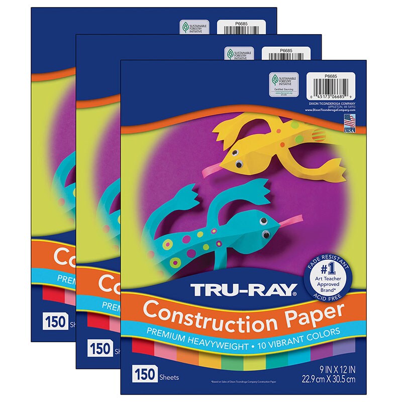 Construction Paper, 10 Vibrant Colors, 9&#x22; x 12&#x22;, 150 Sheets Per Pack, 3 Packs